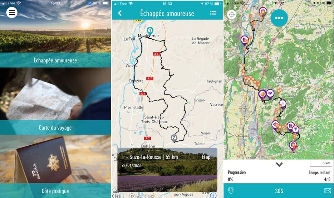 Schermen van de navigatie-app met reismenu, routekaart en GPS-track